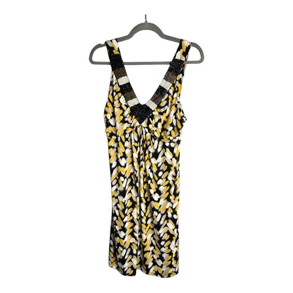 Style & Co Yellow and Black Print Sleeveless V Neck Dress With Beading Large